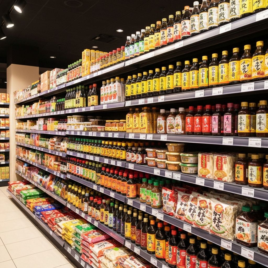 Well-stocked shelves inside Mao Sheng Asian Supermarket with a variety of Asian grocery products