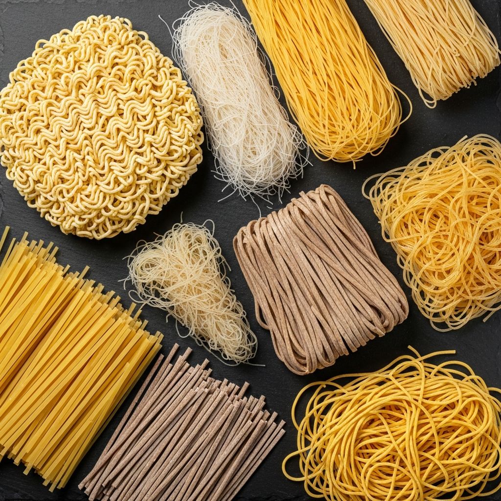 A variety of Asian dried and fresh noodles displayed on a dark surface