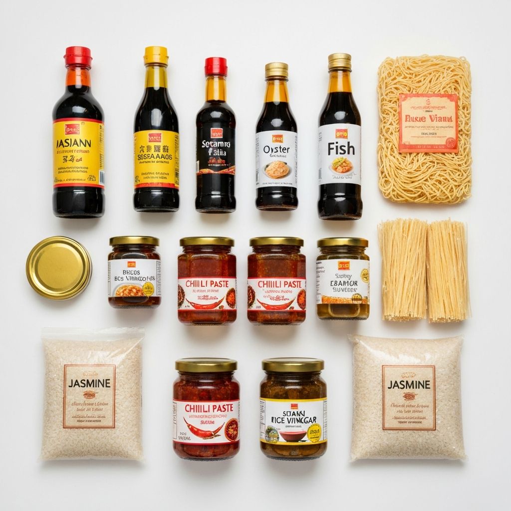Asian pantry staples including soy sauce, sesame oil, and condiment bottles arranged together