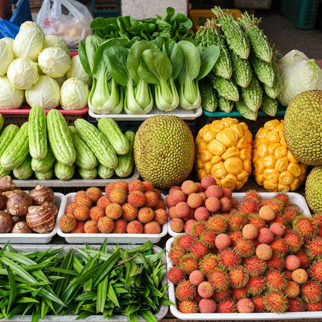 Fresh Asian vegetables and exotic fruits displayed on market stalls