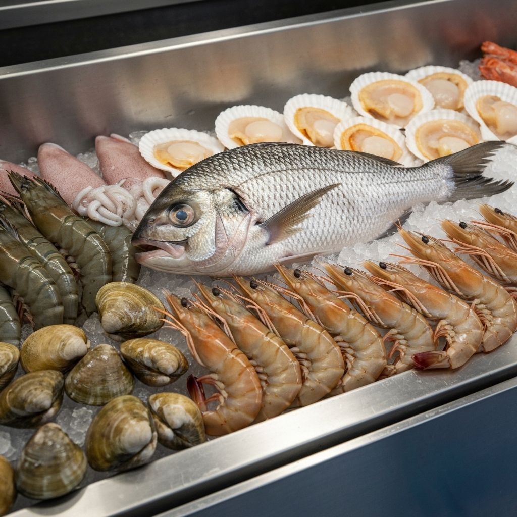Fresh seafood including fish, prawns and shellfish displayed on ice at a market
